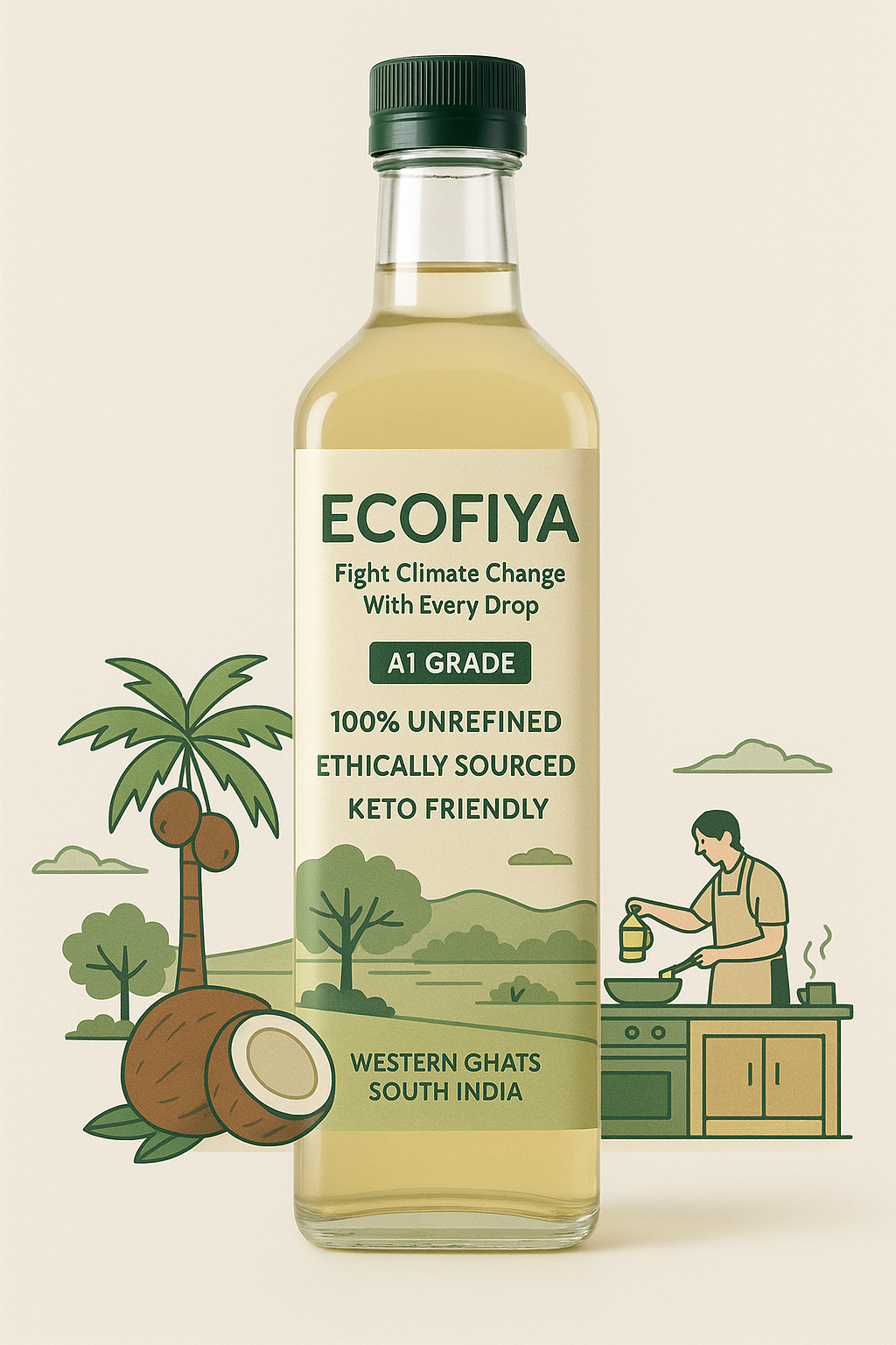 A bottle of Ecofiya A1 grade coconut oil with a beige label that reads "Fight Climate Change With Every Drop," "100% Unrefined," "Ethically Sourced," and "Keto Friendly." The label also highlights its origin from the Western Ghats, South India. The design includes illustrations of coconut trees, green hills, and a person pouring oil while cooking, conveying a natural, sustainable lifestyle.