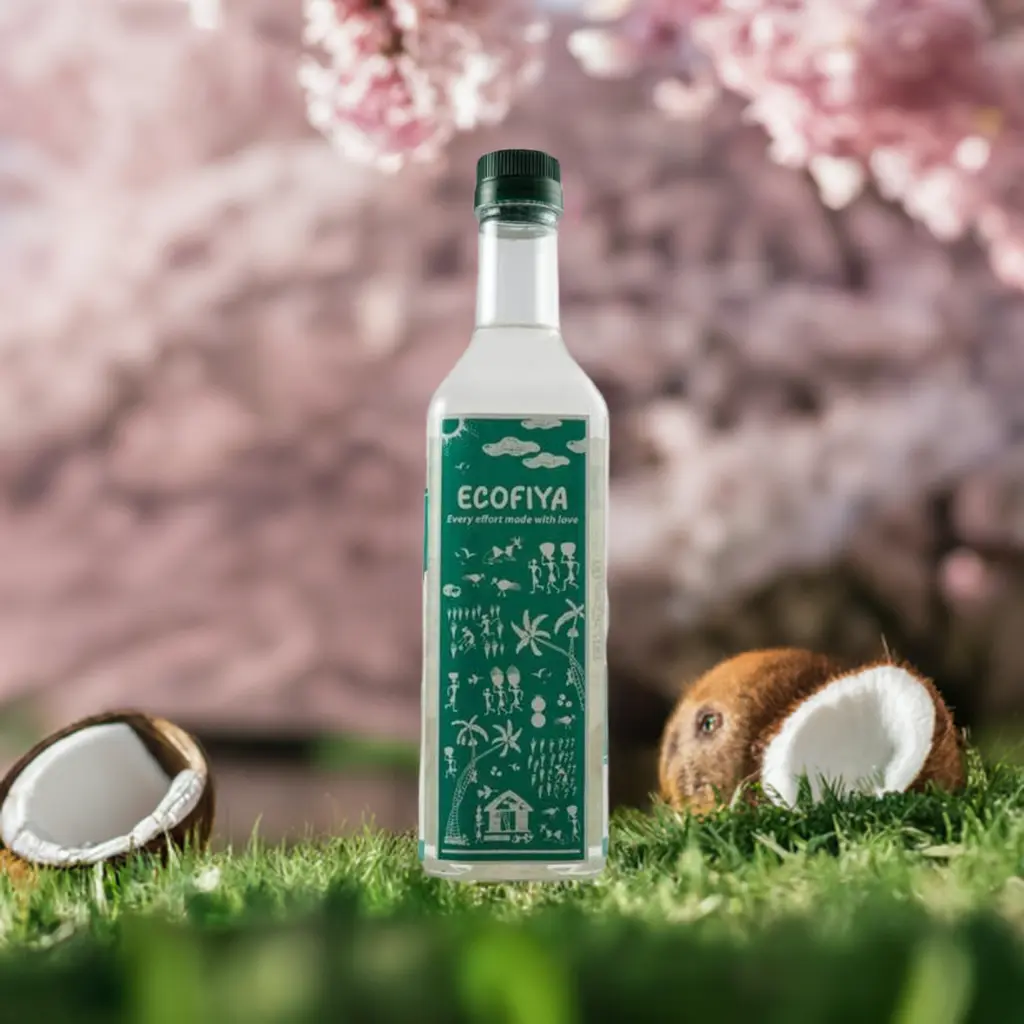 Ecofiya unrefined coconut oil bottle placed on green grass with split coconuts, set against a soft pink floral background