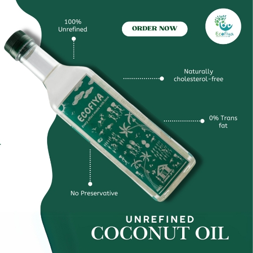 Bottle of Ecofiya Unrefined Coconut Oil with text listing features including 100% Unrefined, Naturally cholesterol-free, 0% Trans fat, and No Preservative. Includes an "Order Now" button.