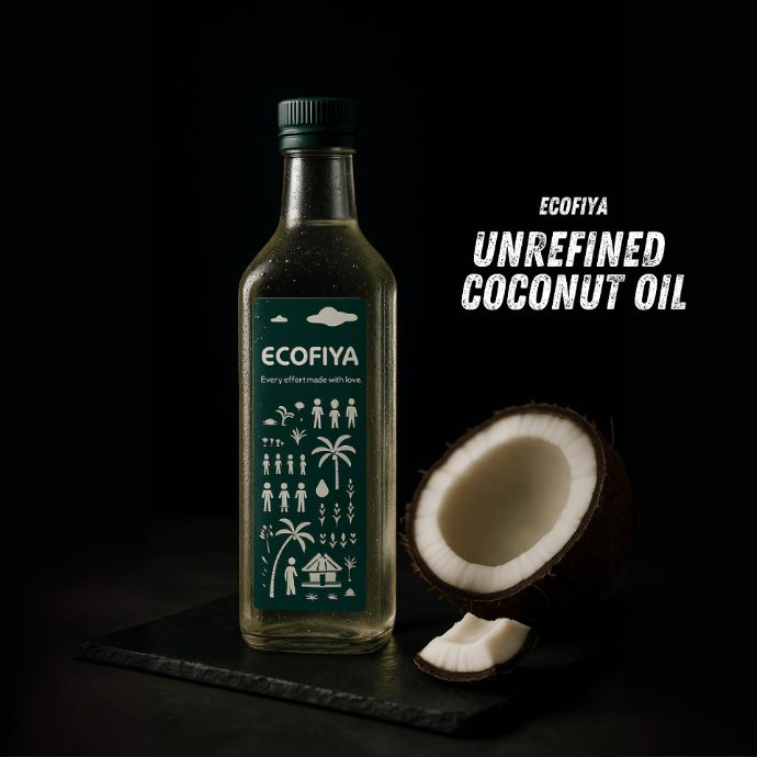 A premium product shot of Ecofiya Unrefined Coconut Oil. A glass bottle with a green label sits on a dark slate beside a halved coconut showing its white flesh, all against a dramatic black background. White text on the right reads, "ECOFIYA UNREFINED COCONUT OIL".