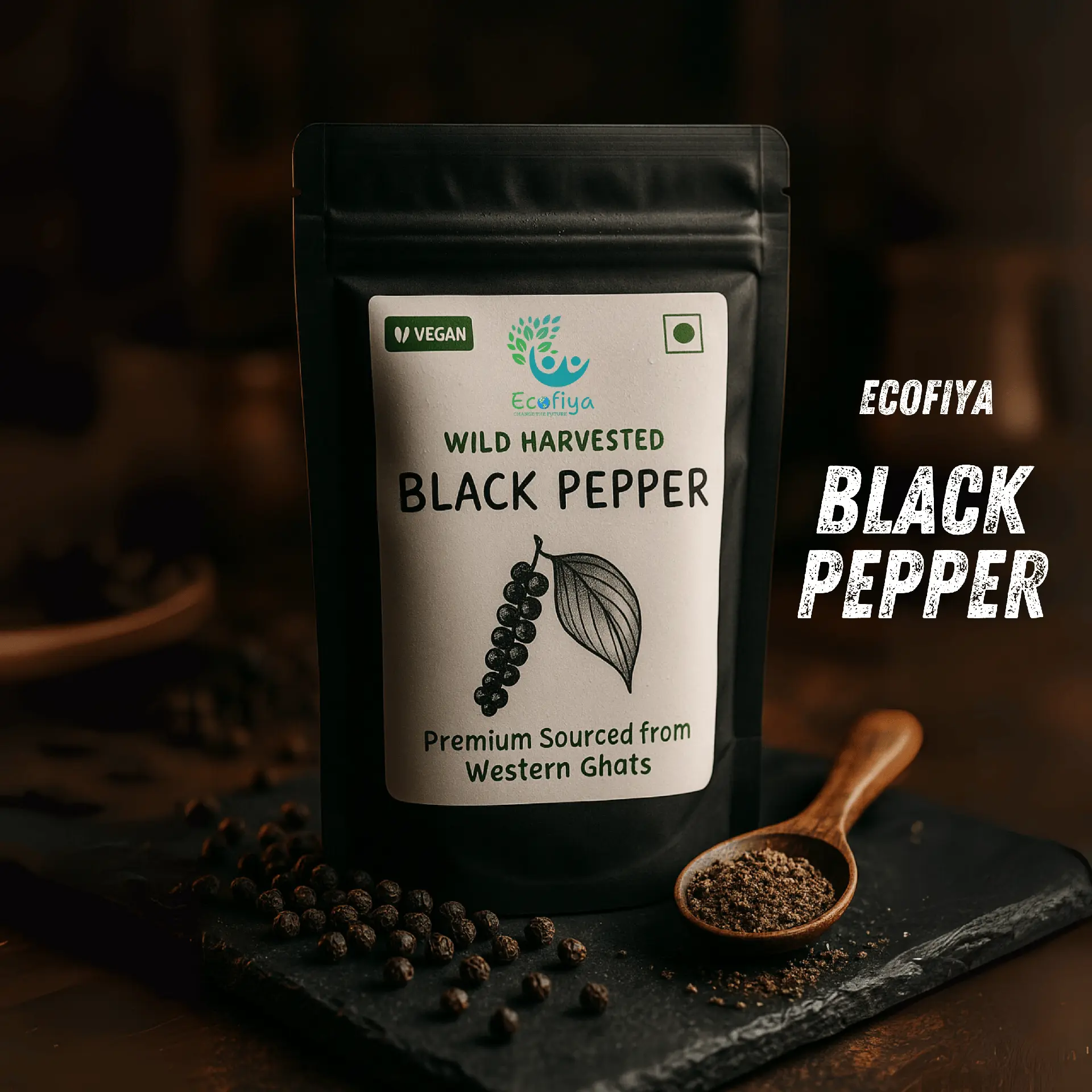 Wild Harvested Black Pepper from Western Ghats | Ecofiya A premium product shot showing a black pouch of 'Ecofiya Wild Harvested Black Pepper'. It sits on a dark slate surface with loose whole peppercorns and a small wooden spoon of ground pepper arranged around it, all against a warm, dark, rustic background.